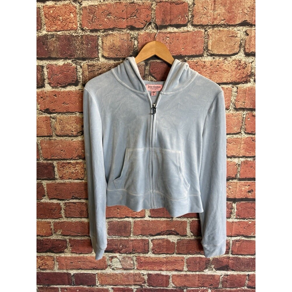 Juicy Couture Womens Blue Velour Full Zip Hooded Sweatshirt Crop Size Medium